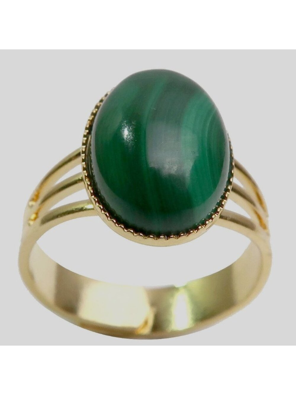 Malachite Ring Showy Green Gem Gold Plated Brass Adjustable Size 4 to 10 Boho Ge